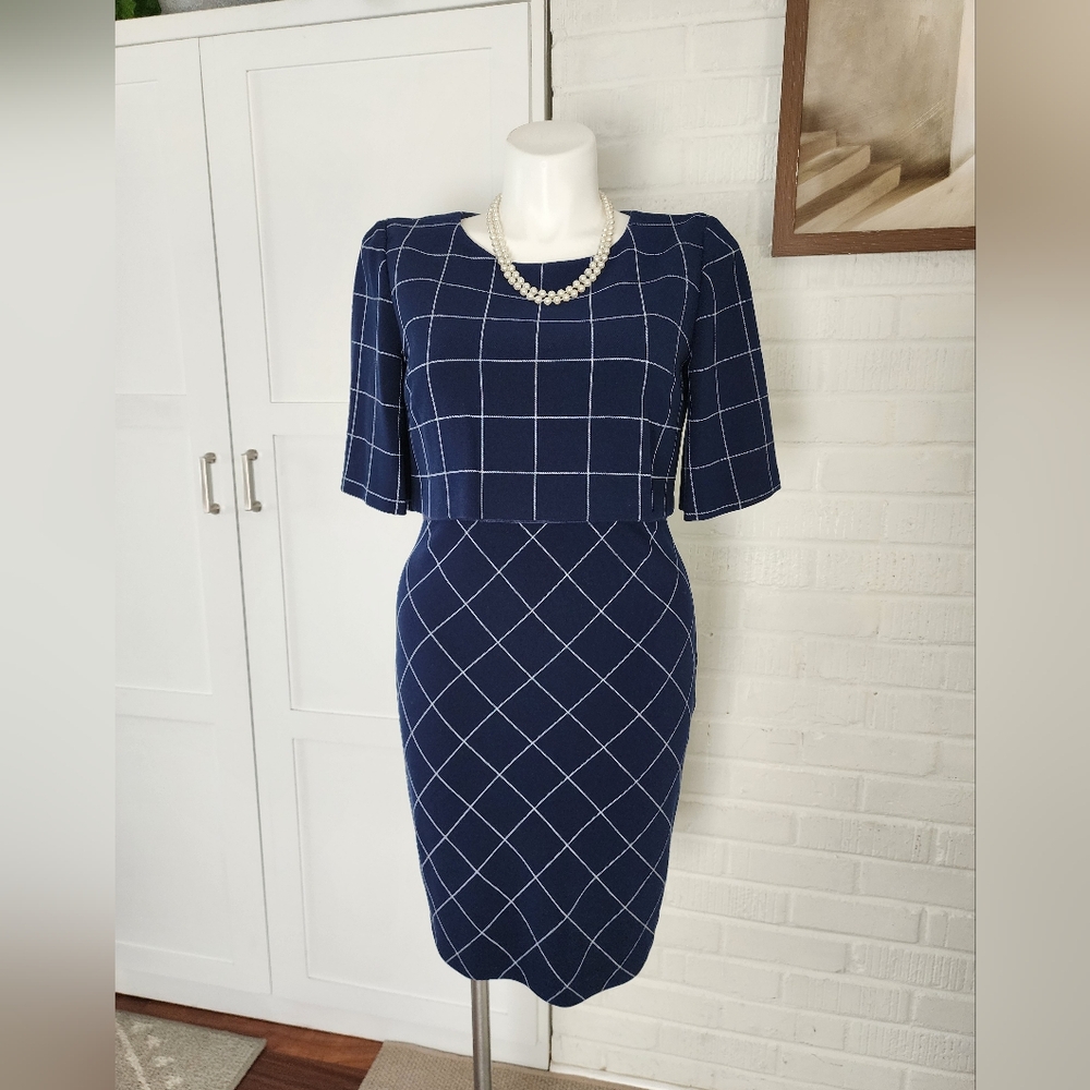 Trina Turk Navy Windowpane Sheath Dress - SIZE 12